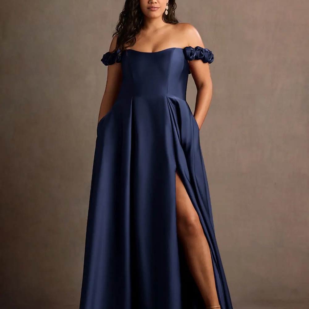 Azazie Navy Off-Shoulder Maxi Dress